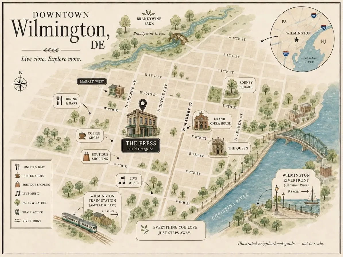 A vintage-style, illustrated watercolor map of downtown Wilmington, Delaware, highlighting the apartment building 